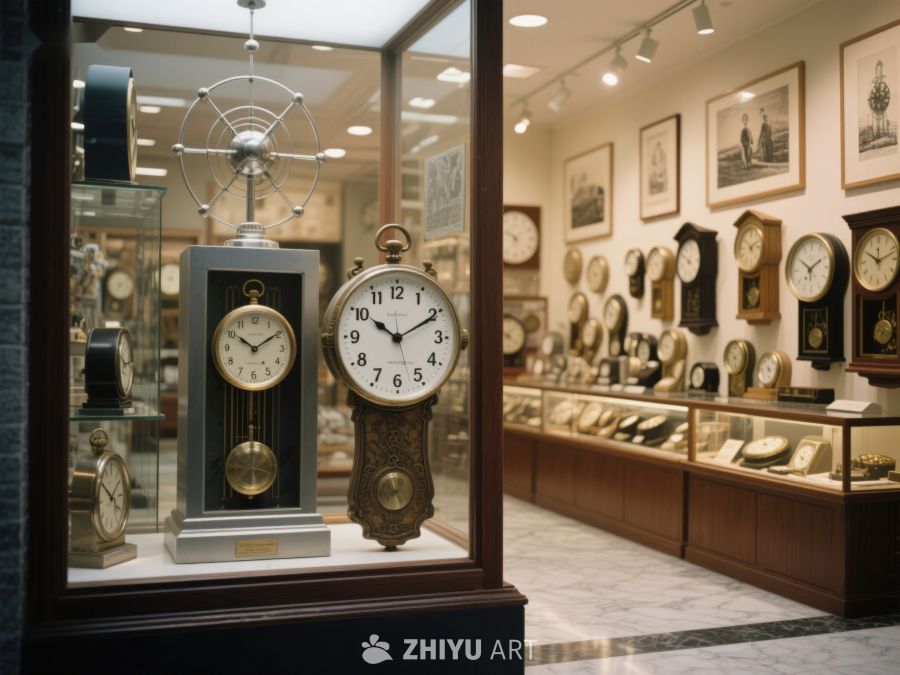 钟表店橱窗展示各式精美时钟 521