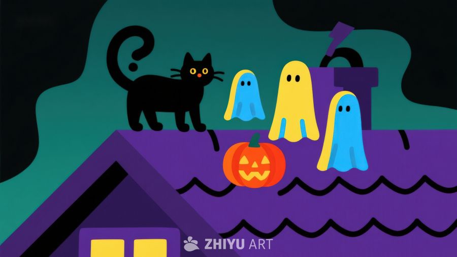 屋顶上的万圣节幽灵与黑猫