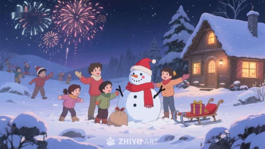 冬夜雪景中孩子们与雪人欢庆节日 137