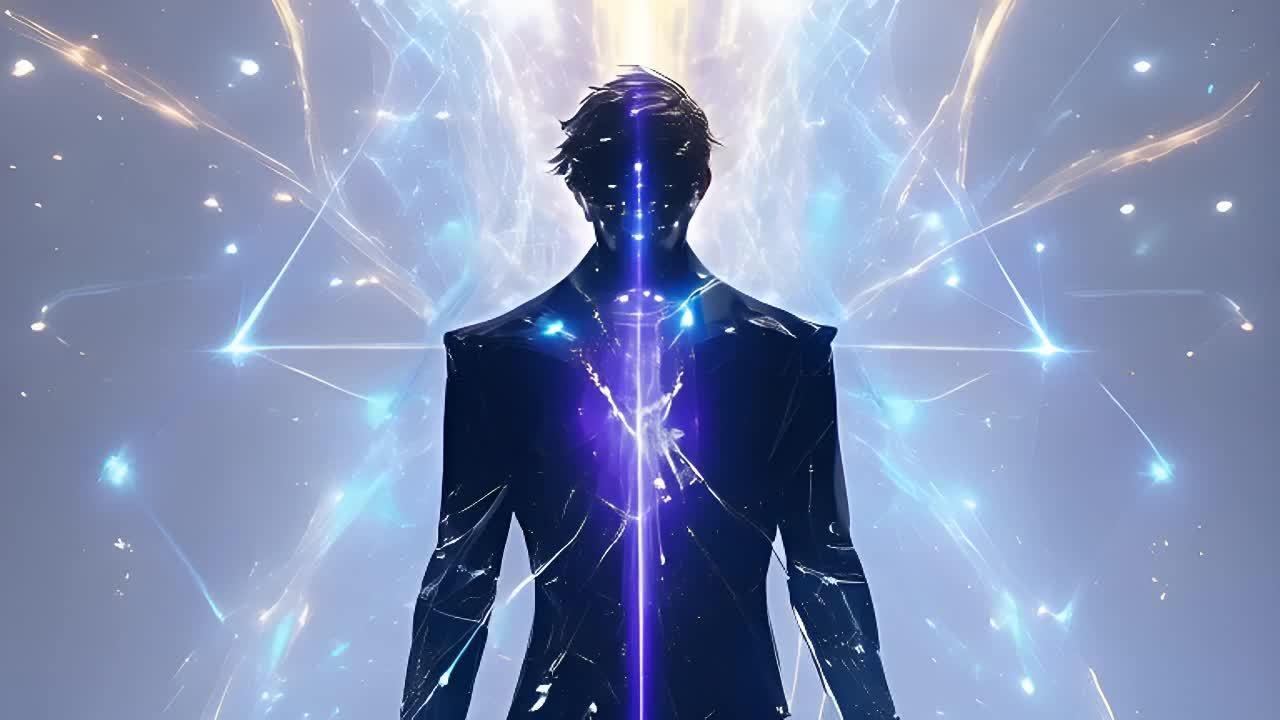 一个人站在融合的数字领域中，全息光线与有机和技术元