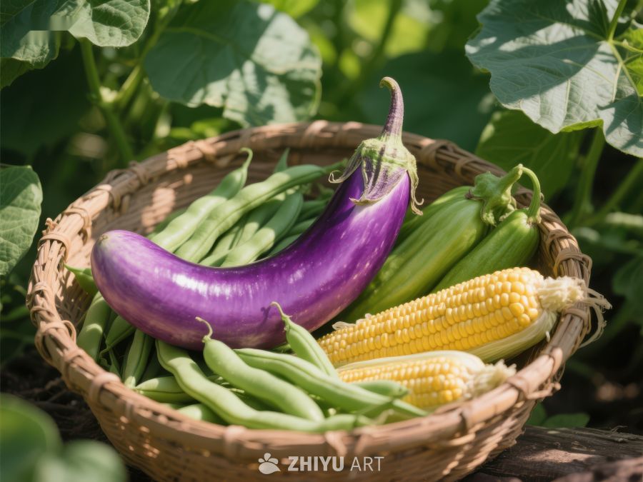 篮子里的紫色茄子、玉米和豆角 214