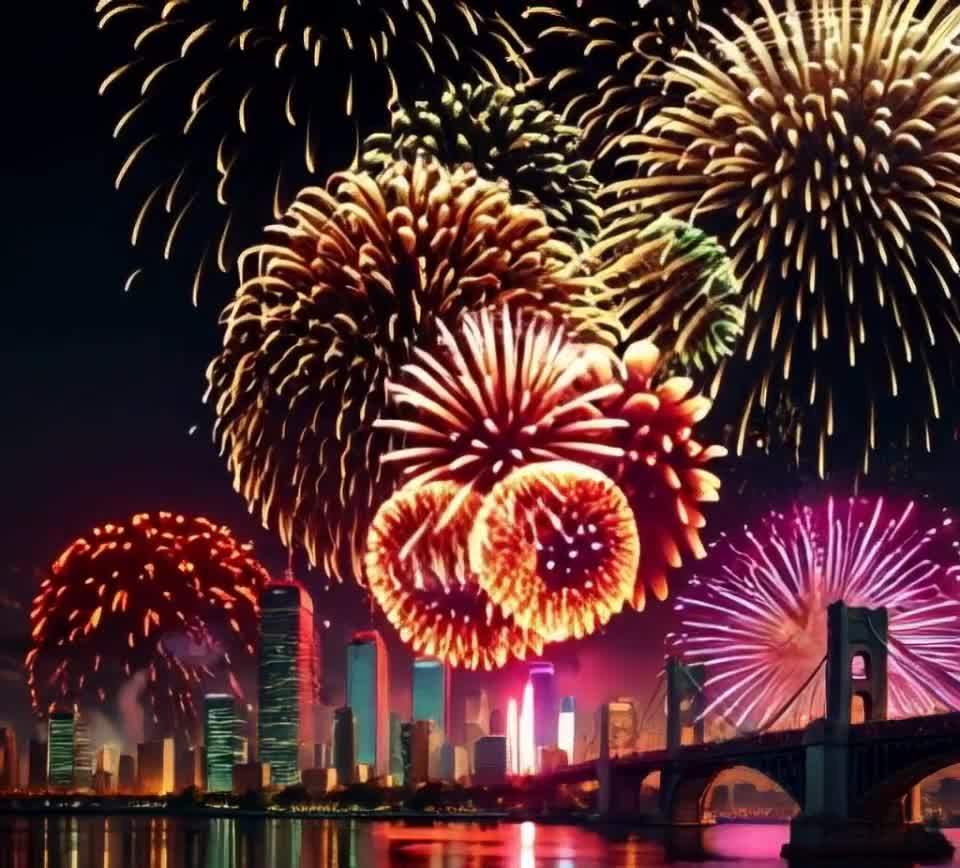 五颜六色的烟花在空中绽放。远处是城市天际线，高楼林
