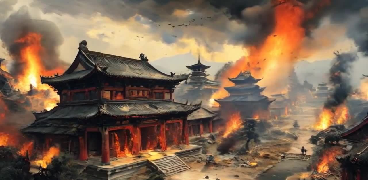 画面中呈现一座城市，城市建筑风格为中国古典建筑，整