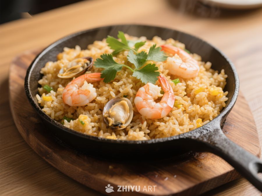 海鲜炒饭铁锅盛装