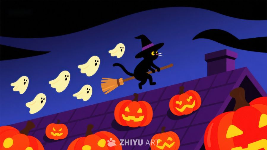万圣夜巫师骑扫帚飞过屋顶