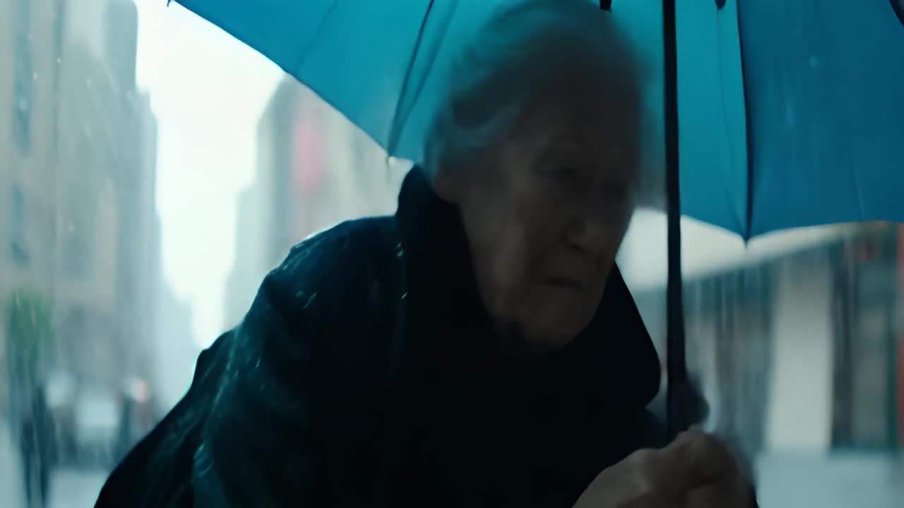 一位老年女性在雨中寻找停车位。从低角度拍摄，动态运