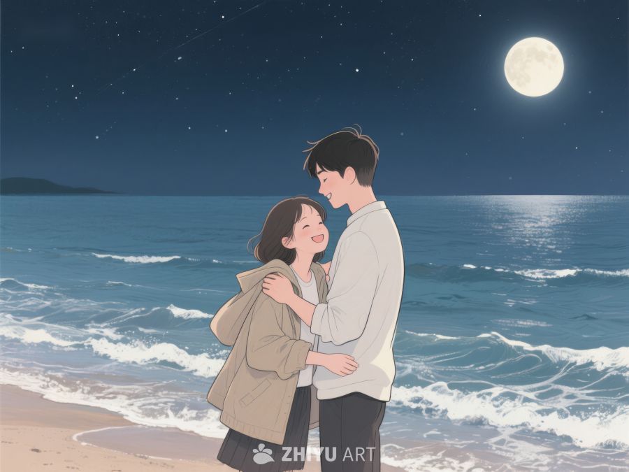 月夜海边情侣相拥 1128
