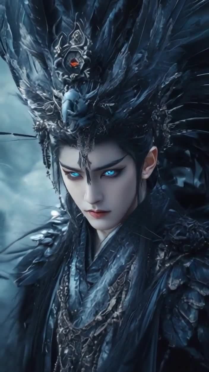 羽冠黑衣男子，蓝眼红唇，神秘氛围，特写镜头。