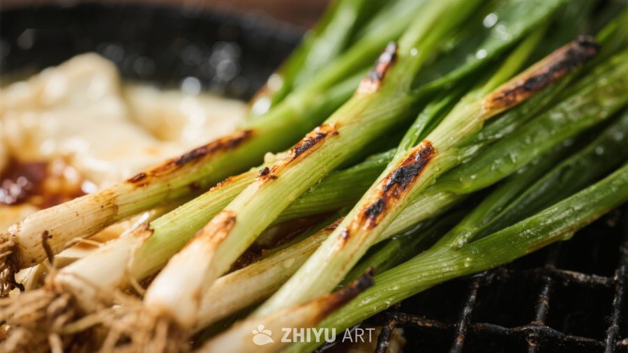 烤制的葱段特写