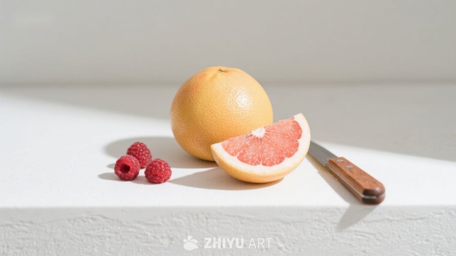 新鲜葡萄柚与覆盆子静物图