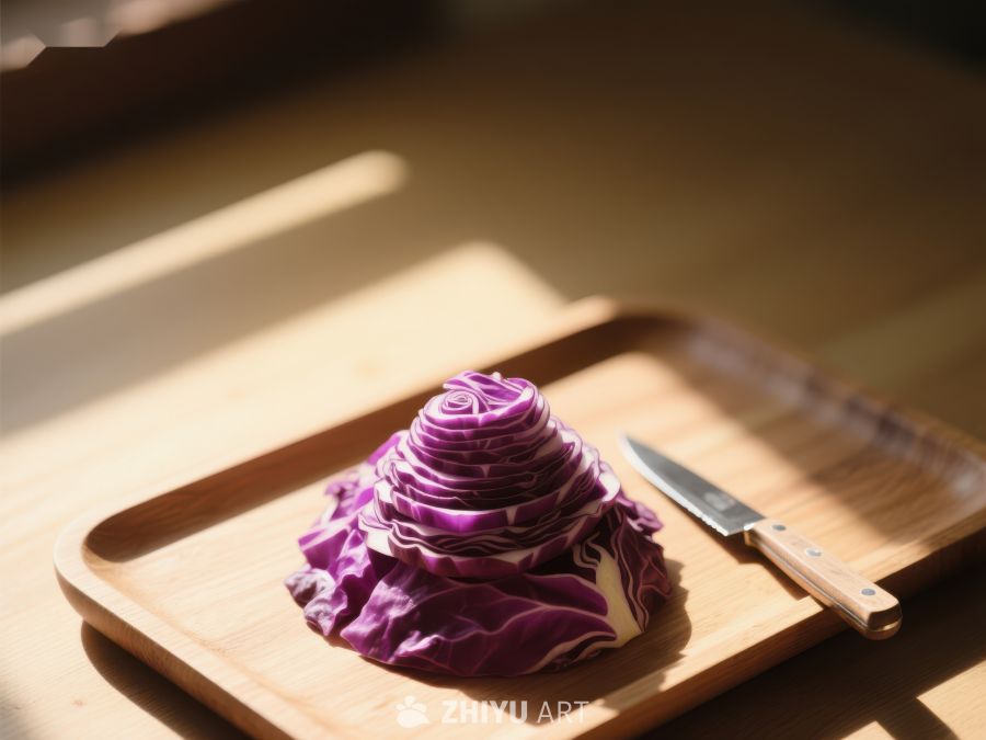 切片紫甘蓝置于木质砧板 335