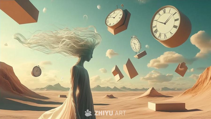 广阔的沙漠中，一个身穿白色长袍的女性侧身站立，她的