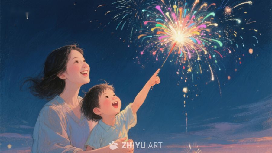 母子共赏夜空烟花 676