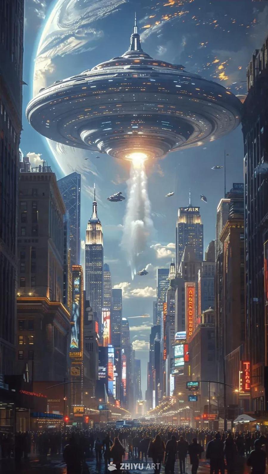 巨大的宇宙飞船正悬停在城市上空，建筑林立，街道上人