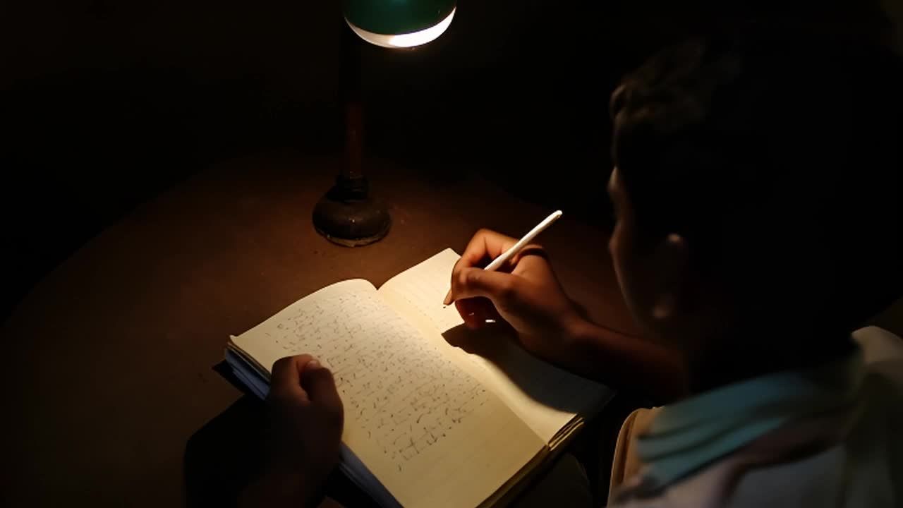 一名学生在昏暗的光线下写字。他坐在桌子旁，桌上放着