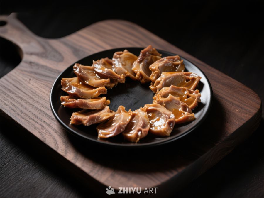 酱鸭舌摆盘，木质砧板上的美食 341