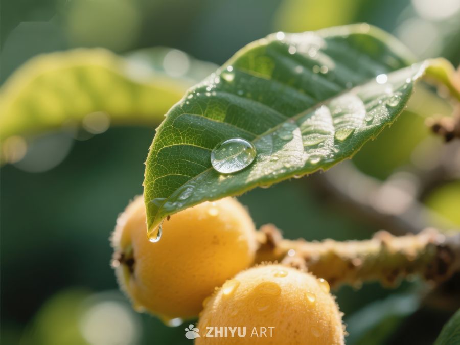 枇杷果实与绿叶上的水滴 363