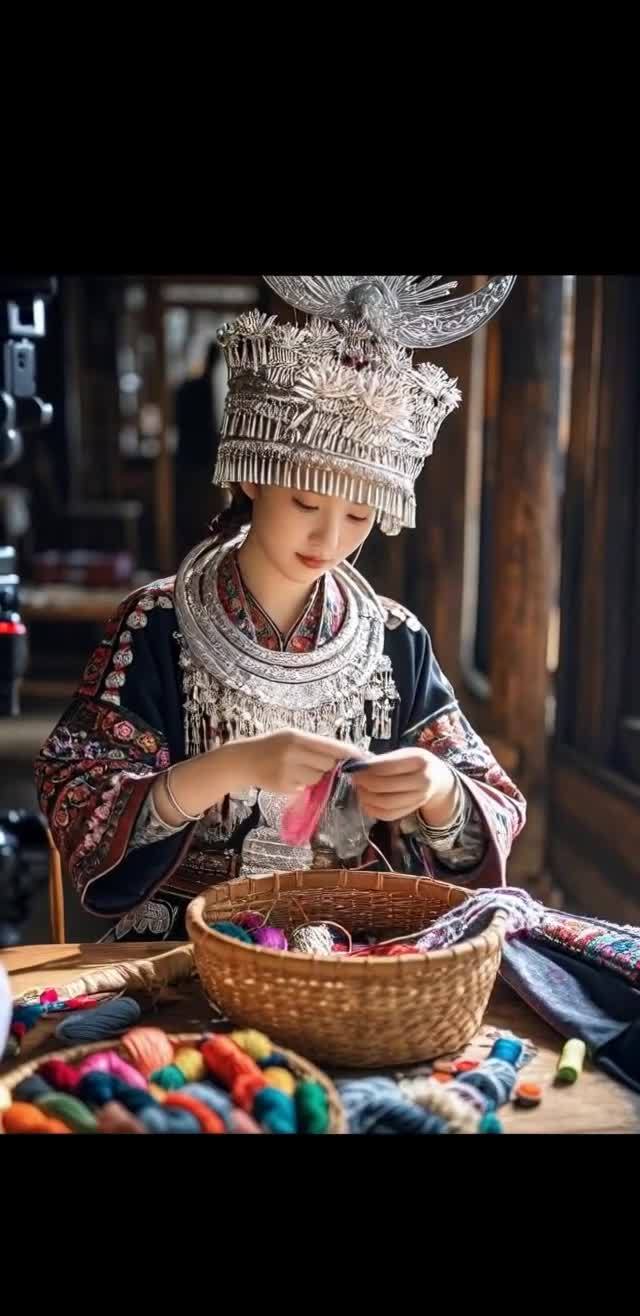 苗族女子缝制绣品，传统服饰银饰工艺精湛。