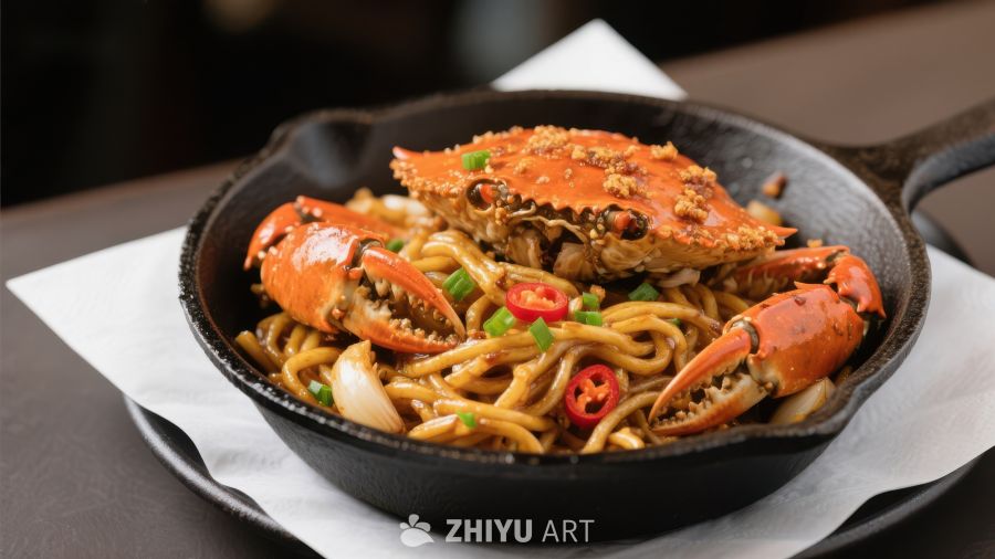 铁锅炒蟹面，美味海鲜料理