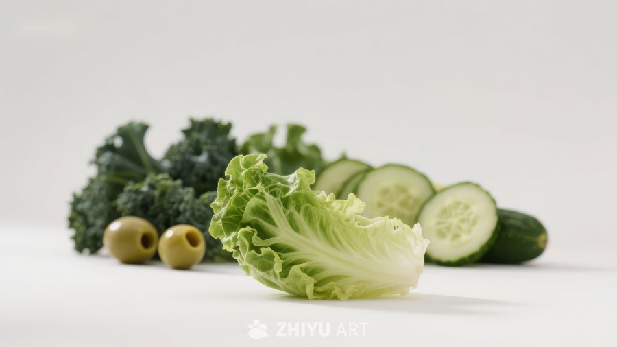 新鲜蔬菜组合：生菜、西兰花、黄瓜和橄榄