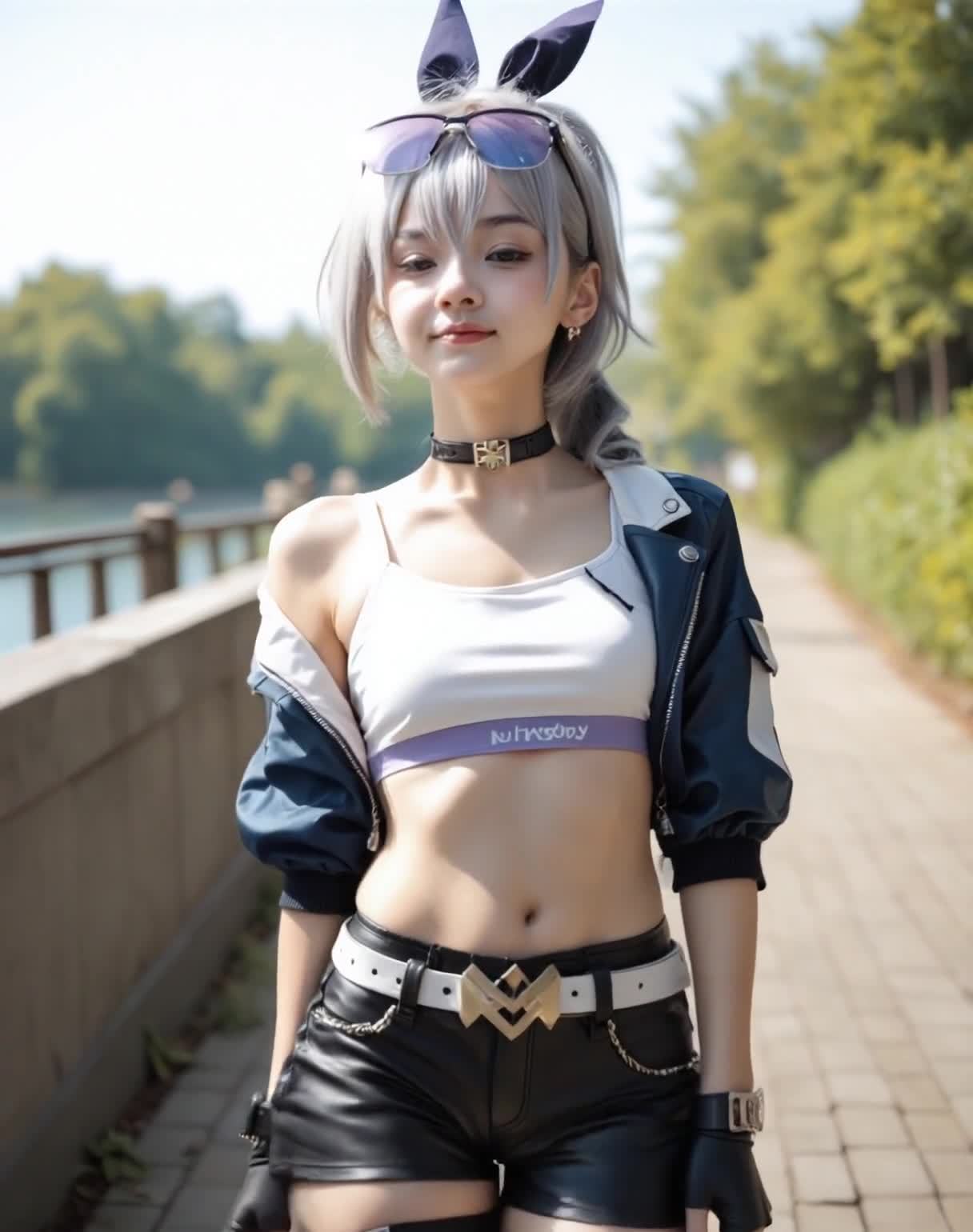 时尚兔耳发饰的运动装少女户外写真