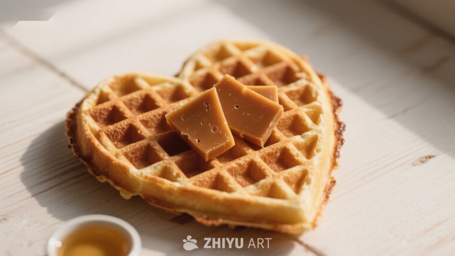 心形华夫饼配焦糖块