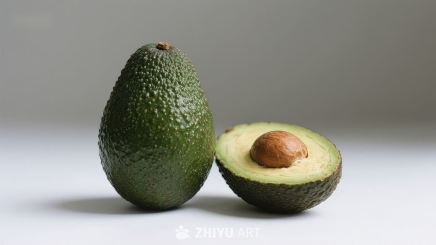 新鲜牛油果与切半展示