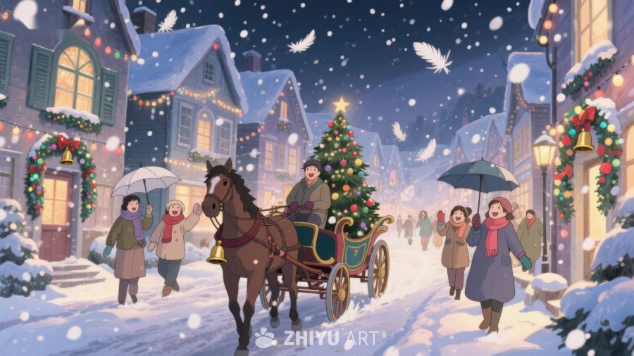 雪夜小镇的圣诞马车 427
