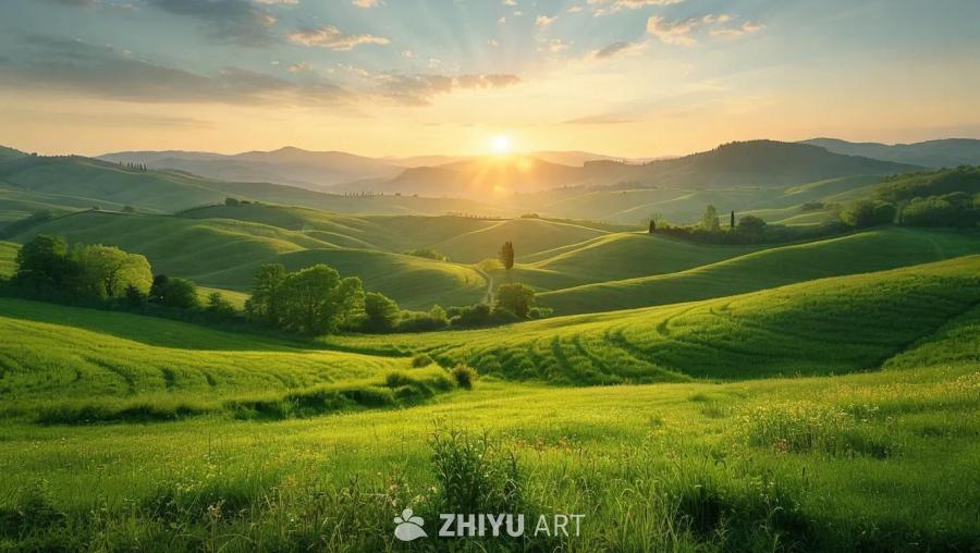 太阳在丘陵地带的天空中，光芒四射。连绵起伏的绿色山