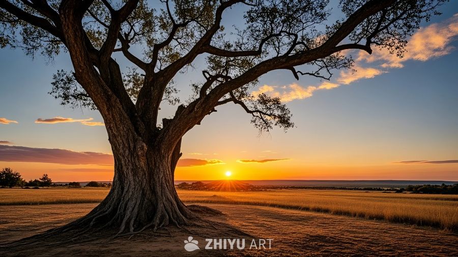金色夕阳下的孤树剪影 8
