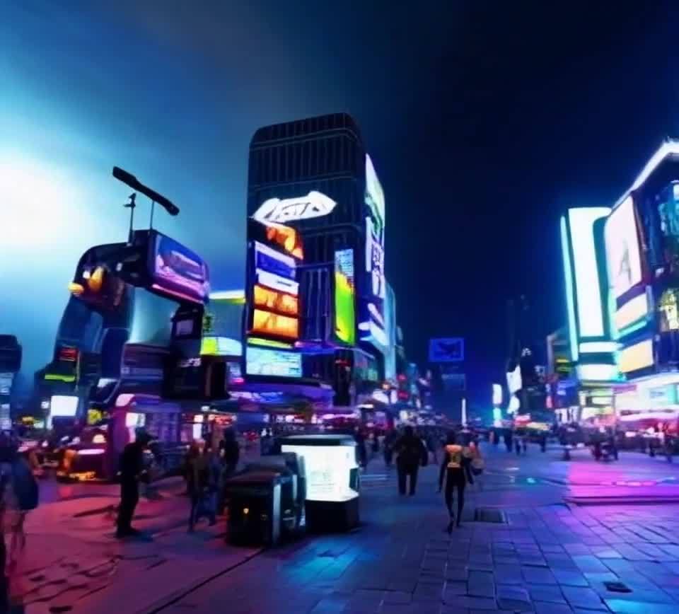 未来赛博朋克都市夜景：霓虹灯下的行人