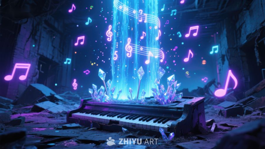 废墟中的音乐键盘与音符光芒 86