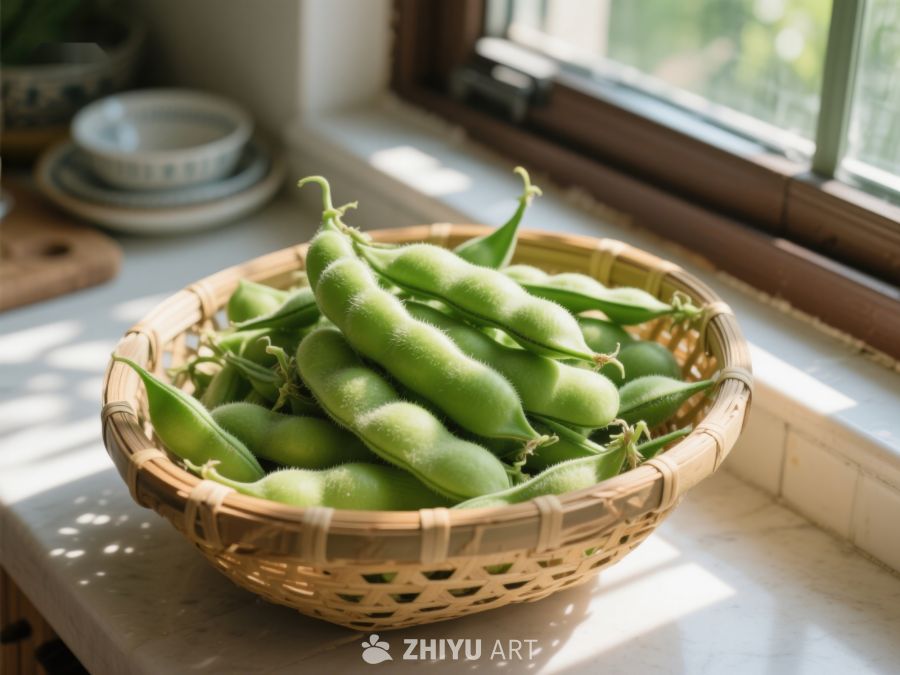 窗边竹篮中的新鲜毛豆 134