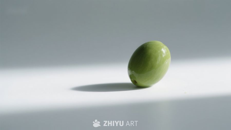 单一绿色橄榄静置于明亮背景 57