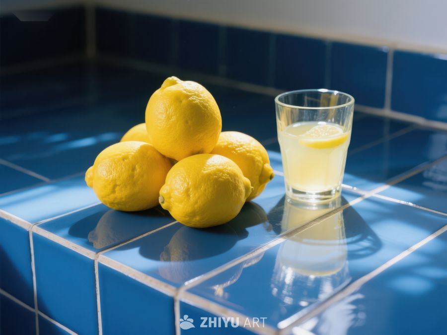 蓝瓷砖上的柠檬与柠檬水 176