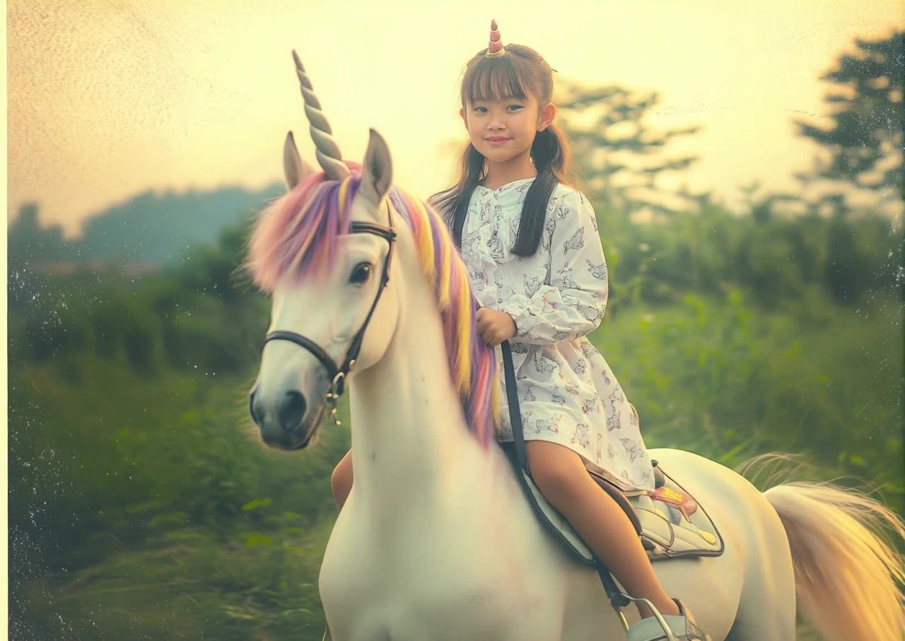 一个女孩骑在一匹白色的独角兽马背上。女孩穿着一件印