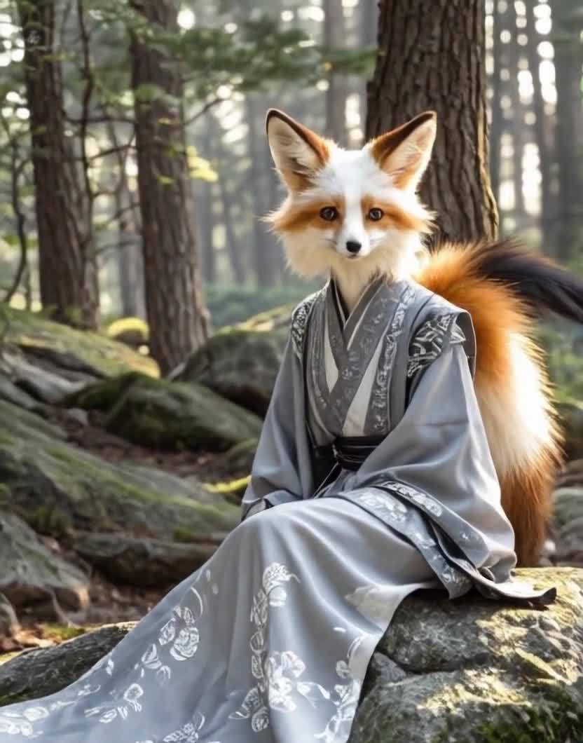 身着古风服饰的狐狸，静坐于森林巨石之上。