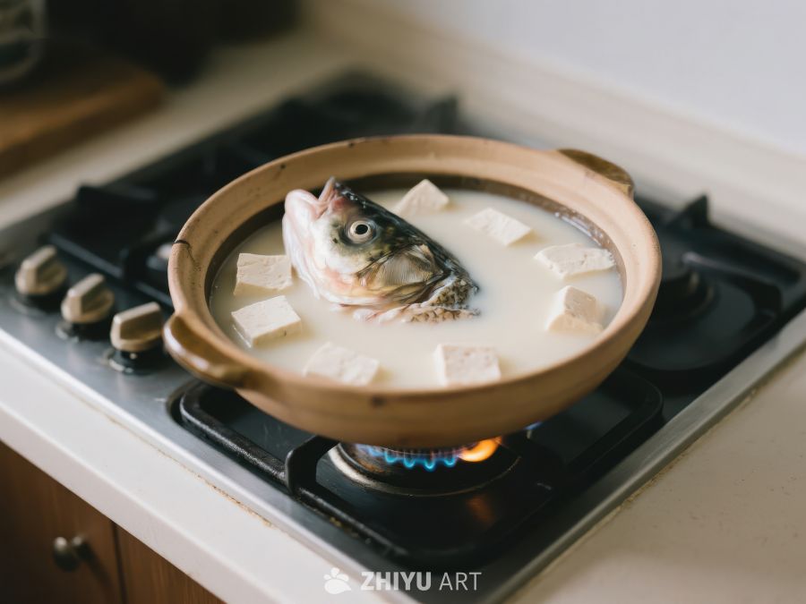 鱼头豆腐汤在炉灶上炖煮 1131