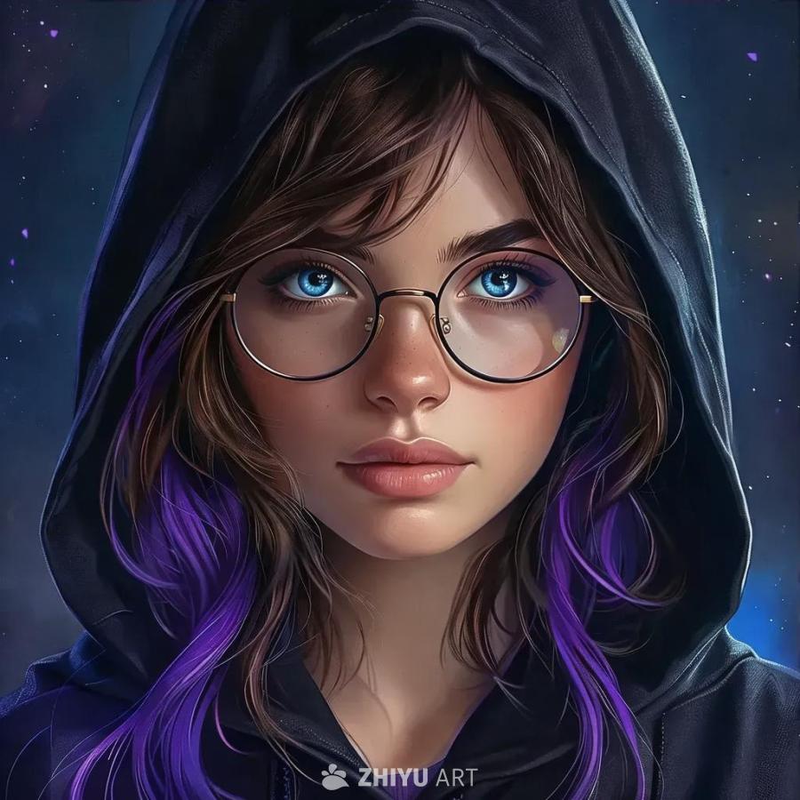 一个有着棕色头发和蓝色眼睛的年轻女性，戴着圆框眼镜