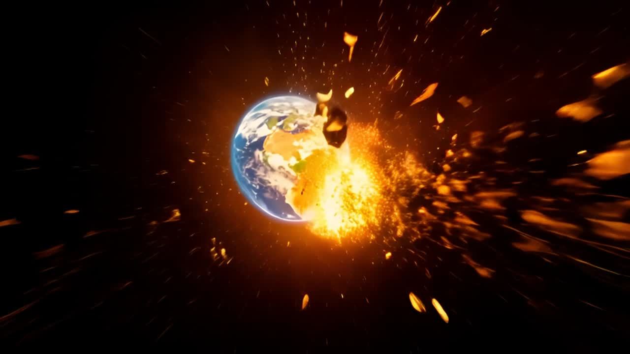 一个星球在太空中爆炸，碎片向四面八方飞散。星球的一