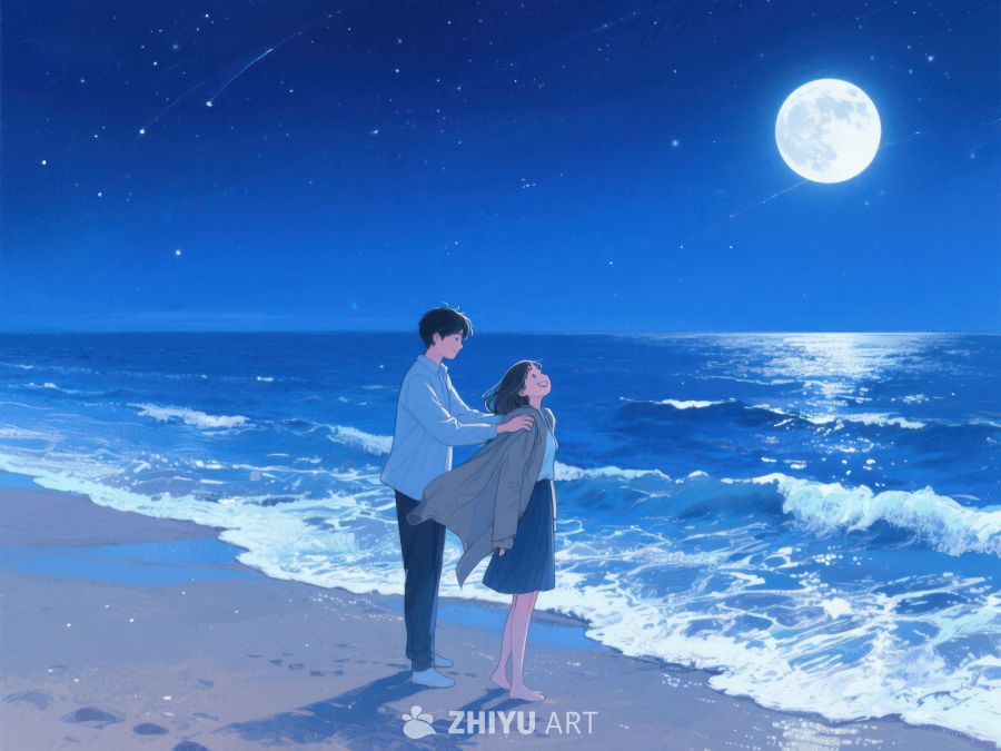 月夜海边情侣温馨互动 1233