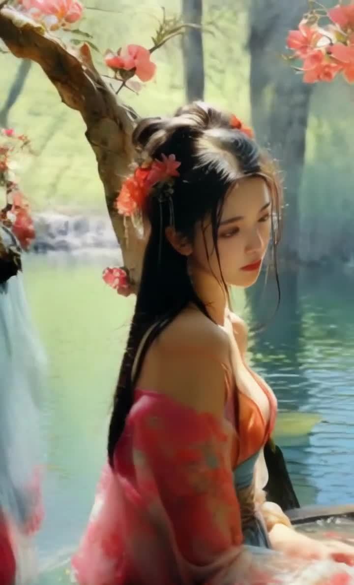 花树下的红衣少女水边凝望
