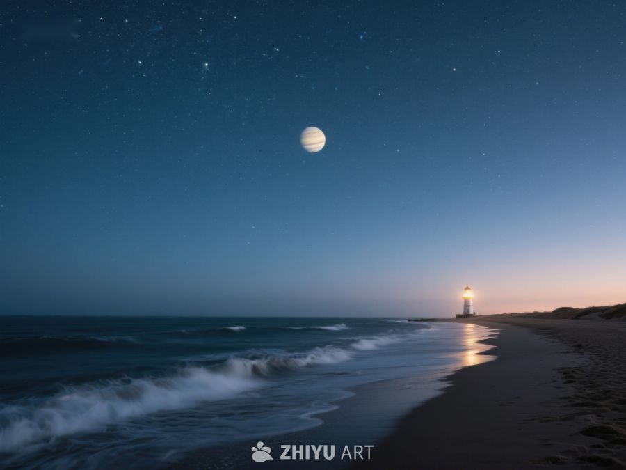 月夜海滩与灯塔 510