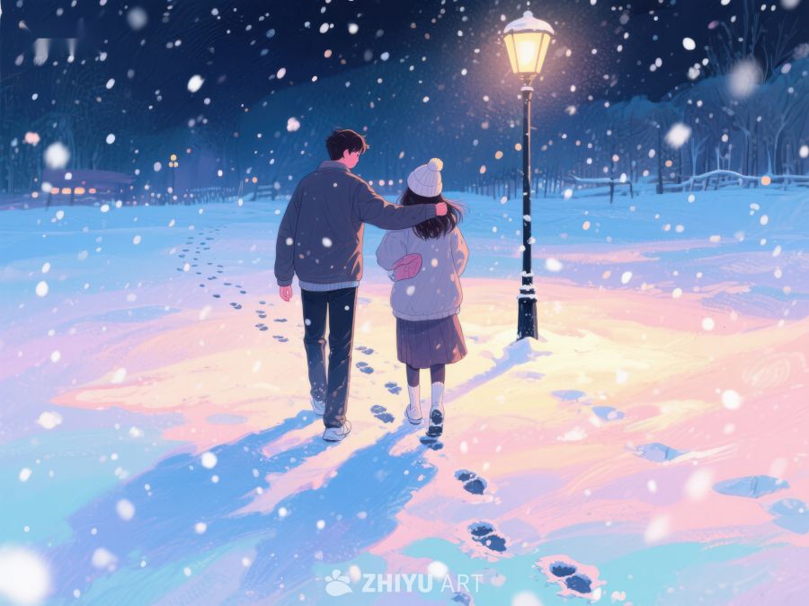 冬夜雪中漫步的情侣 177