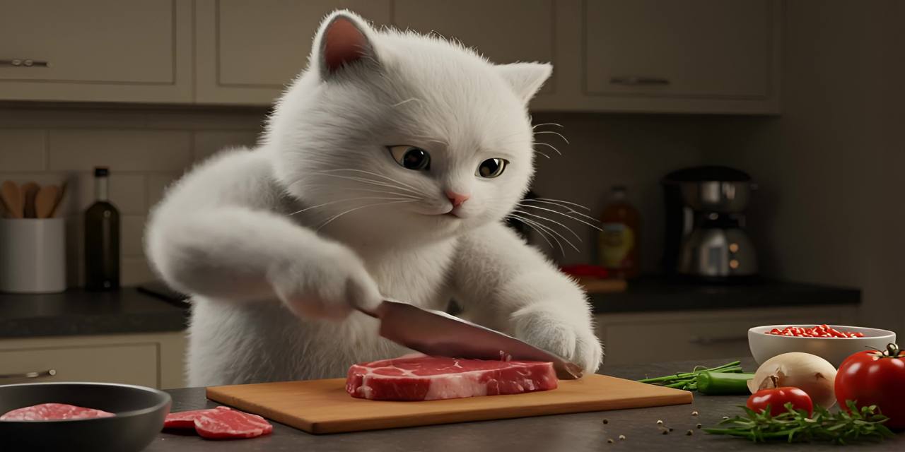 一只白色的猫咪在厨房里，用一把银色的刀切割砧板上的