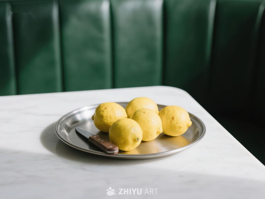 盘中柠檬与刀具，绿椅背景 296