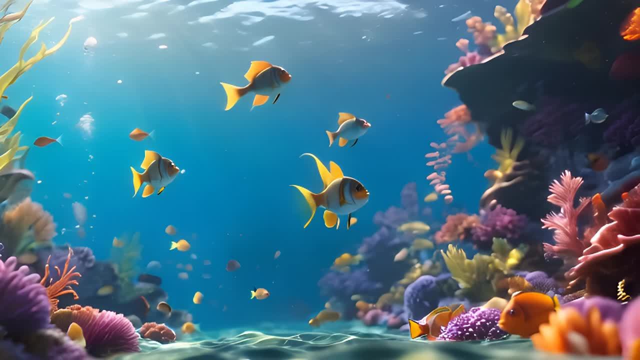 水下有一群色彩鲜艳的小丑鱼在水里游动。它们有的离镜