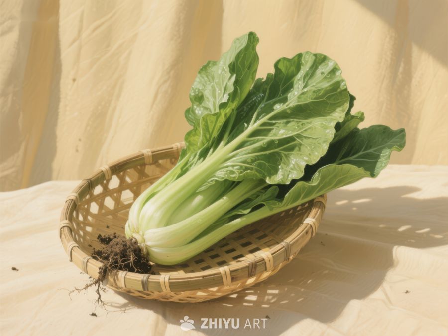 新鲜青菜置于竹篮中 597