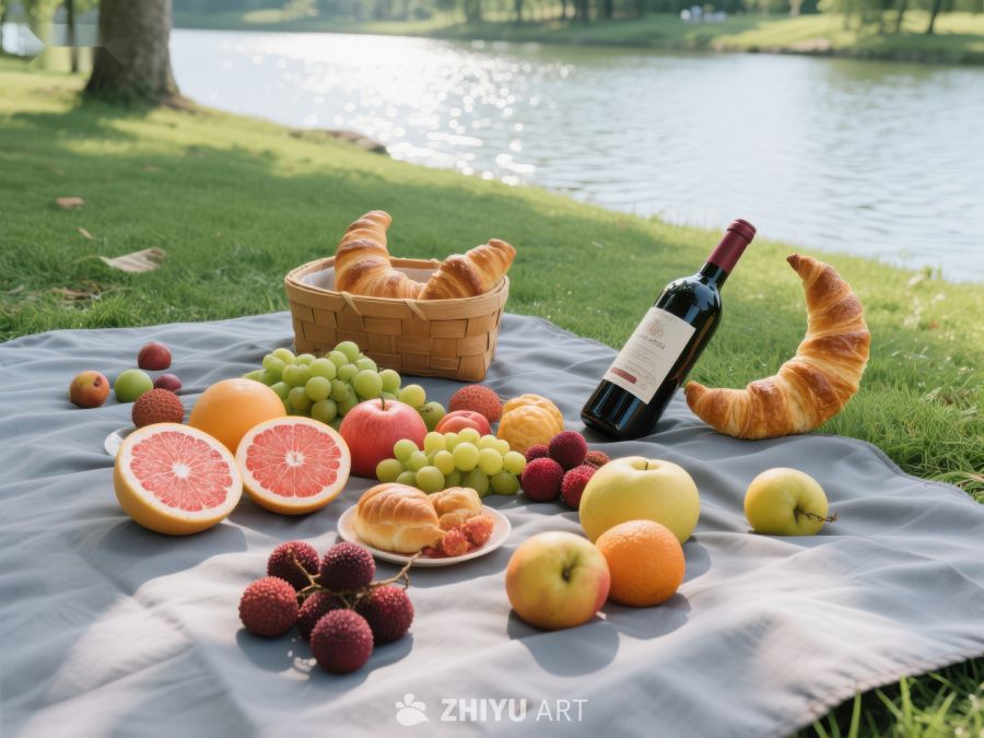 湖畔野餐：水果面包与红酒 271