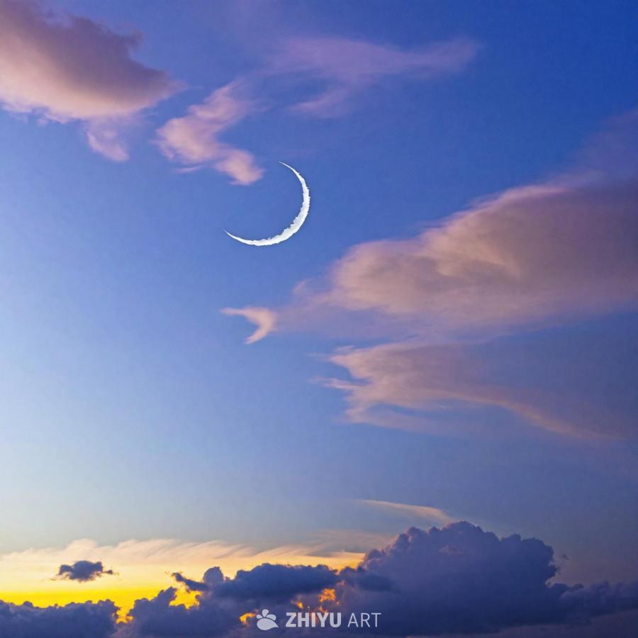 图片中呈现出多云的天空，一轮新月位于画面中央。月亮